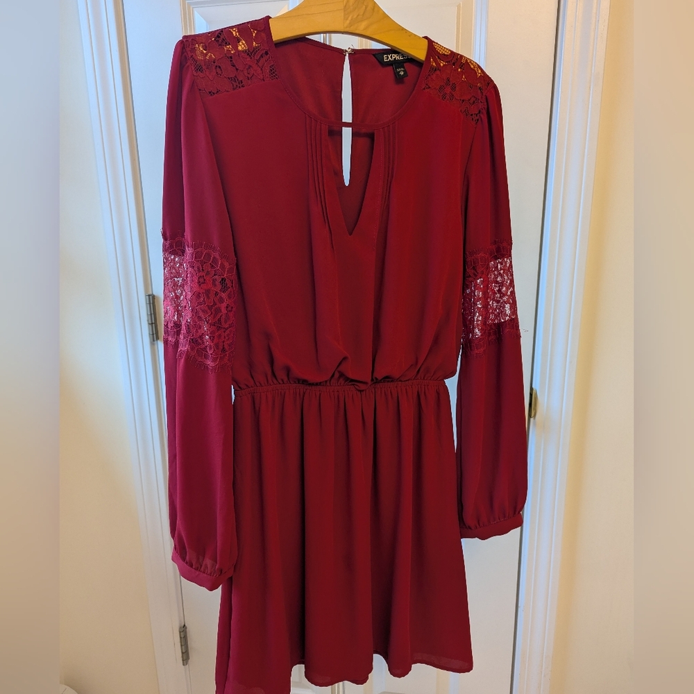 Express Red Plunge Neck Bishop Sleeve Dress